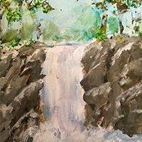 Acrylic painting with waterfall and trees.